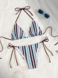 Color Block Striped Print Lace-Up Low Back Two-Piece Bikini
