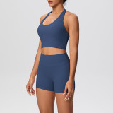 Solid Color Tight-Fitting Halter Neck Tank Shorts Yoga Set