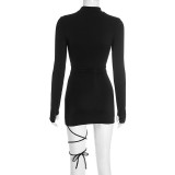 Winter Sexy Solid Color Mock Neck Long Sleeve Lace-Up Bodycon Dress