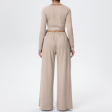 Solid Color Drawstring Long Sleeve Top and Tank Three-Piece Pants Set