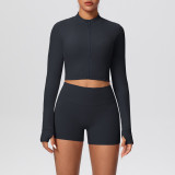 Solid Color Crop Jacket and Shorts Tight-Fitting Yoga Set
