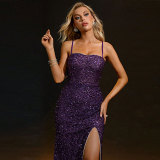 Chic Sequin Purple Deep Low Back Strap Evening Dress