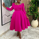 African Women Autumn/Winter Solid Square Neck Dress