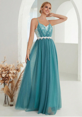 Mesh Lace Trim Contrast Strap Summer Elegant Evening Dress