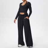 Solid Color Drawstring Long Sleeve Top and Tank Three-Piece Pants Set