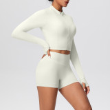 Solid Color Crop Jacket and Shorts Tight-Fitting Yoga Set