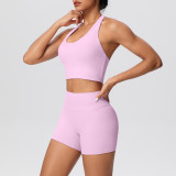 Solid Color Tight-Fitting Halter Neck Tank Shorts Yoga Set