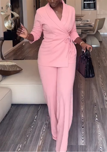 Women Solid Turndown Collar Lace-Up Casual Top and Pant Two-Piece Set