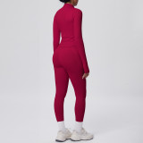 Seamless Solid Color Tight-Fitting High-Stretch Zip-Front Jogger Leggings Set