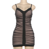 Women Autumn V-Neck Sexy Mesh Patchwork Ruffled Camisole Bodycon Dress