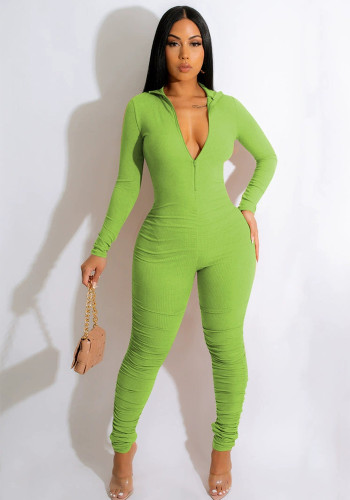 Stylish Solid Color Ribbed V-Neck Jumpsuit for Women