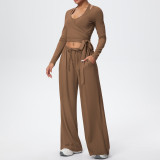 Solid Color Drawstring Long Sleeve Top and Tank Three-Piece Pants Set