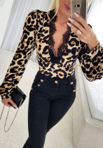 Women Leopard Print V-Neck Lace Patchwork Top