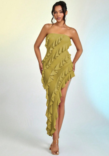 Solid Color Asymmetrical Ruffle Bodycon Mini Dress