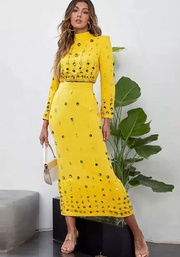 Women Elegant beaded and rhinestone-embellished long-sleeved top and skirt Two-piece set