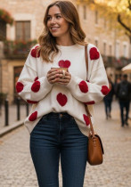 Heart Print Knit Round Neck Pullover Outdoor Sweater