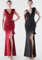 Plus Size Women Beaded and Floral One-Shoulder Ruffled Mermaid Evening Dress