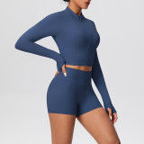 Solid Color Crop Jacket and Shorts Tight-Fitting Yoga Set
