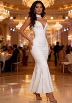 Women Sexy V-Neck Backless Ribbon Formal Party Maxi Dress