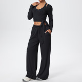 Solid Color Drawstring Long Sleeve Top and Tank Three-Piece Pants Set