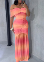 Women Off-Shoulder Pleated Gradient Print See-Through Dress