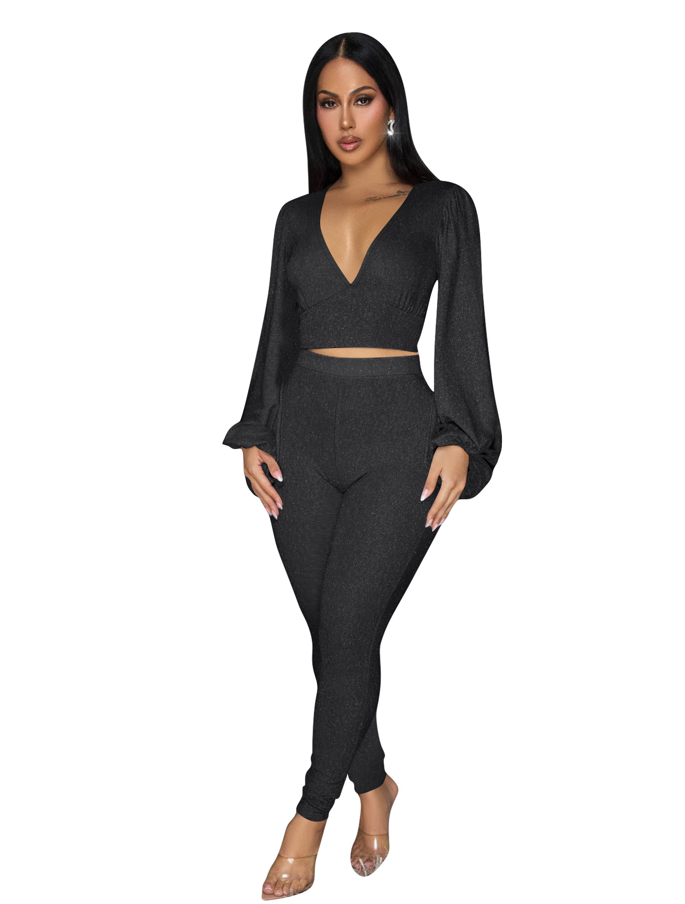 Women Deep V-Neck Backless Lace-Up Short Lantern Sleeve Top and Trousers Two-Piece Set