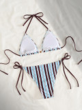 Color Block Striped Print Lace-Up Low Back Two-Piece Bikini