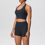 Solid Color Tight-Fitting Halter Neck Tank Shorts Yoga Set