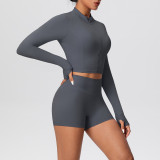 Solid Color Crop Jacket and Shorts Tight-Fitting Yoga Set
