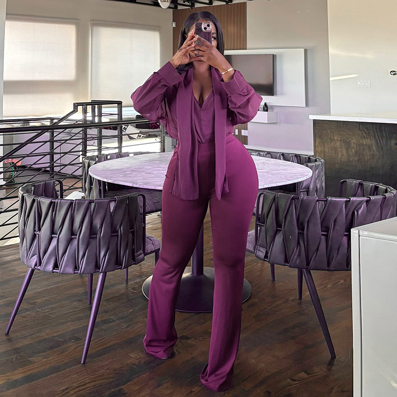 Fall V-Neck Mesh Tie-Front Blouse and High-Waist Bell Bottom Pants Set