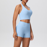 Solid Color Tight-Fitting Halter Neck Tank Shorts Yoga Set