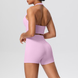 Solid Color Tight-Fitting Halter Neck Tank Shorts Yoga Set