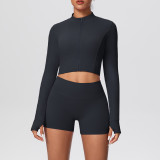 Solid Color Crop Jacket and Shorts Tight-Fitting Yoga Set