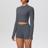Solid Color Crop Jacket and Shorts Tight-Fitting Yoga Set