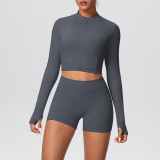 Solid Color Crop Jacket and Shorts Tight-Fitting Yoga Set