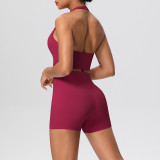 Solid Color Tight-Fitting Halter Neck Tank Shorts Yoga Set