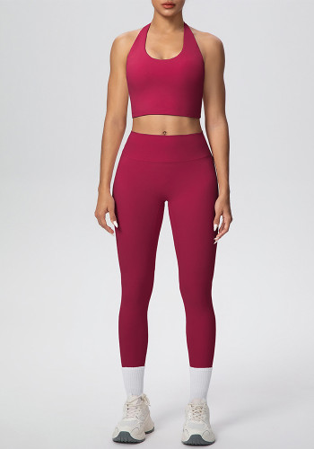 Solid Color Halter Neck Cropped Tank Pants Yoga Set