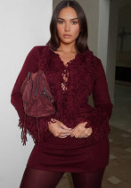 Women Autumn Tassel V-Neck Solid Long-Sleeved Knitting Dress