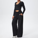 Solid Color Drawstring Long Sleeve Top and Tank Three-Piece Pants Set