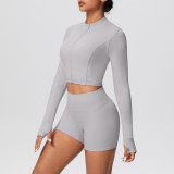 Solid Color Crop Jacket and Shorts Tight-Fitting Yoga Set