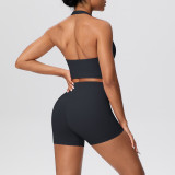 Solid Color Tight-Fitting Halter Neck Tank Shorts Yoga Set