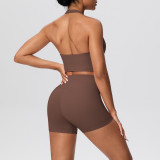 Solid Color Tight-Fitting Halter Neck Tank Shorts Yoga Set