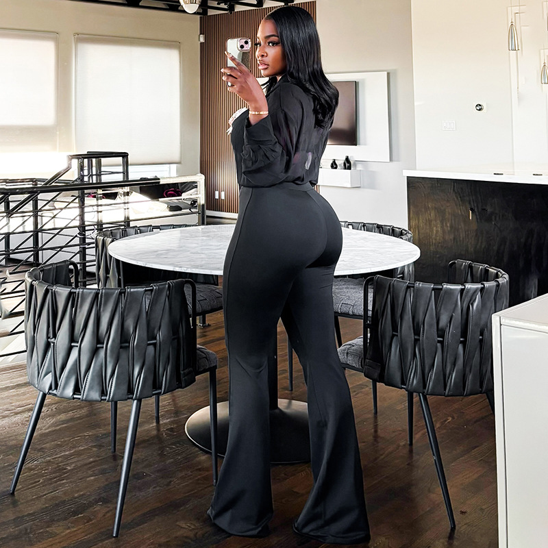 Fall V-Neck Mesh Tie-Front Blouse and High-Waist Bell Bottom Pants Set