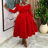 African Women Autumn/Winter Solid Square Neck Dress