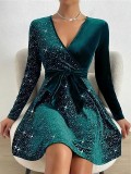 Women Autumn/Winter Sexy V-Neck Sequin Mini Dress