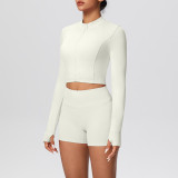 Solid Color Crop Jacket and Shorts Tight-Fitting Yoga Set