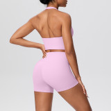 Solid Color Tight-Fitting Halter Neck Tank Shorts Yoga Set