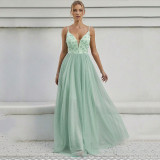 Sexy Low Back Deep V Lace Patchwork Strap Evening Dress