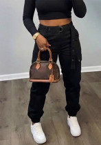 Women Autumn/Winter Solid Casual Cargo Trousers (with Belt)