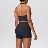 Solid Color Tight-Fitting Halter Neck Tank Shorts Yoga Set